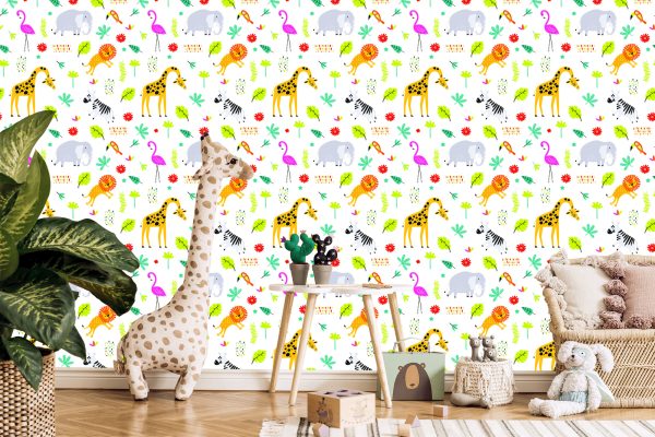 Behang Voor Meisjeskamer Flamingo's Leeuwen Olifanten - Afbeelding 5