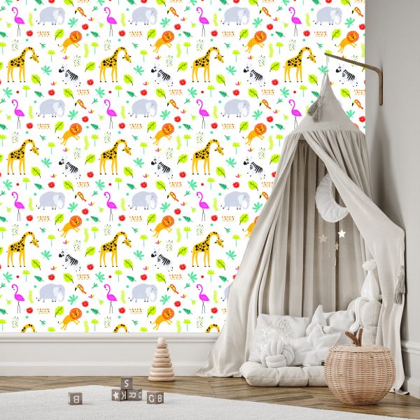 Behang Voor Meisjeskamer Flamingo's Leeuwen Olifanten - Afbeelding 3