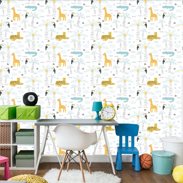 Behang Boom Natuur Safari Dieren Voor Jongen - Afbeelding 4