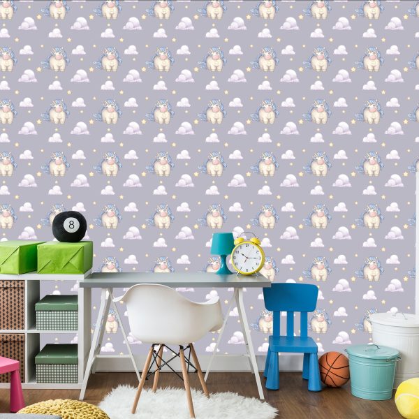 Behang Voor Meisjes Pastelkleurige Eenhoorns Wolken - Afbeelding 4
