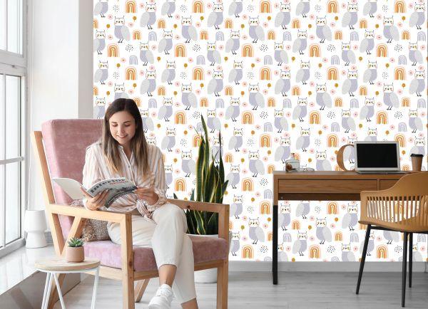 Behang Uilen Bloemen Bladeren - Afbeelding 7