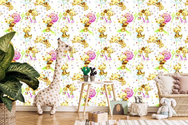 Behang Voor Meisjes, Teddyberen, Bloemen, Planten, Bladeren - Afbeelding 5