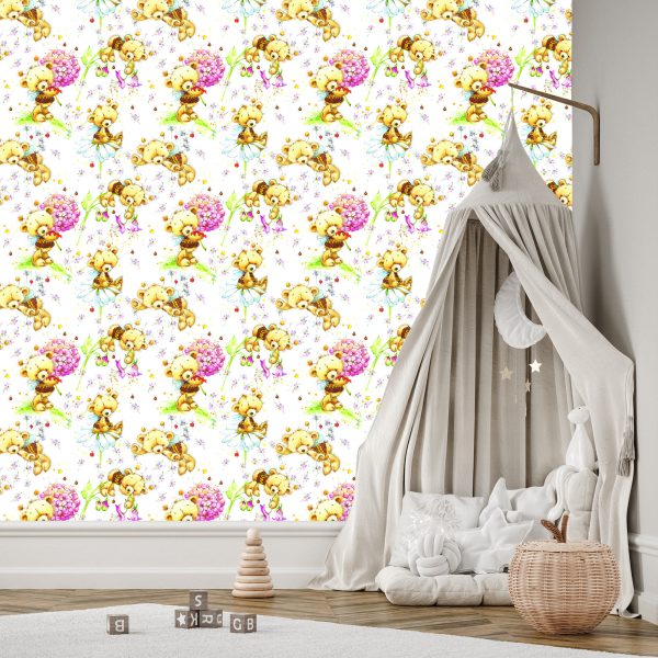 Behang Voor Meisjes, Teddyberen, Bloemen, Planten, Bladeren - Afbeelding 3