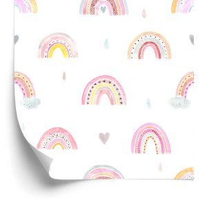 Behang Voor Kinderen Pastel Rainbow Clouds 3D Hearts