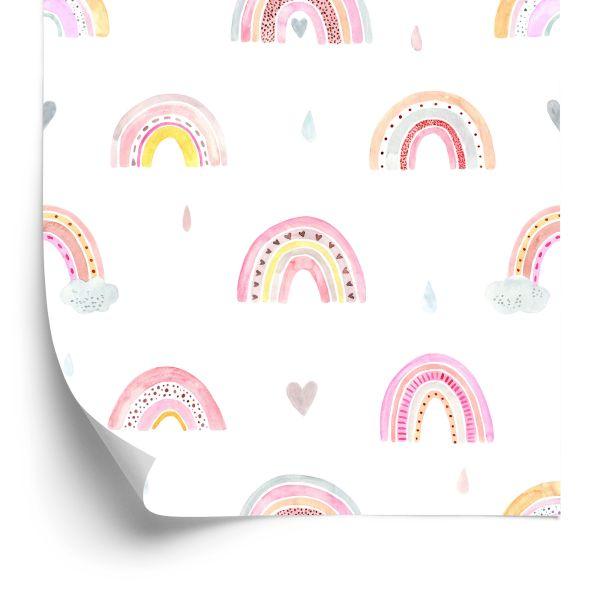 Behang Voor Kinderen Pastel Rainbow Clouds 3D Hearts