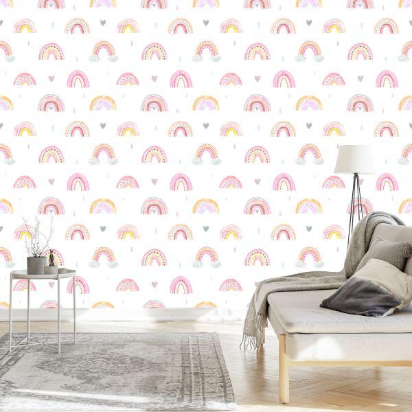 Behang Voor Kinderen Pastel Rainbow Clouds 3D Hearts - Afbeelding 3