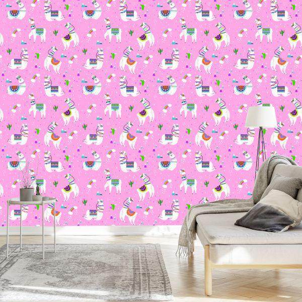 Behang Lama Mountains. Regenboogbloemen. Kinderkamer - Afbeelding 3