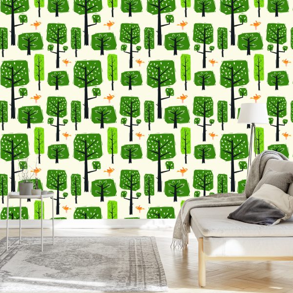Behang Groene Boomvogels Voor De Babykamer - Afbeelding 3