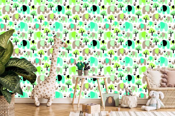 Behang Olifanten Boom Bloemen Groene Jongenskamer - Afbeelding 5