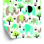 Behang Olifanten Boom Bloemen Groene Jongenskamer