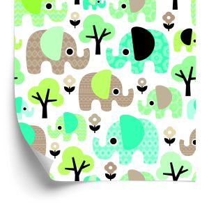 Behang Olifanten Boom Bloemen Groene Jongenskamer