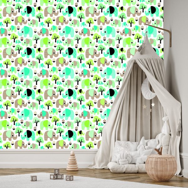 Behang Olifanten Boom Bloemen Groene Jongenskamer - Afbeelding 3
