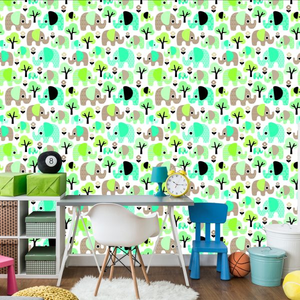 Behang Olifanten Boom Bloemen Groene Jongenskamer - Afbeelding 4