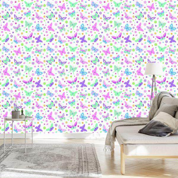 Behang Voor Kinderen Kleurrijke Vlinders Polka Dots Bloemen - Afbeelding 3