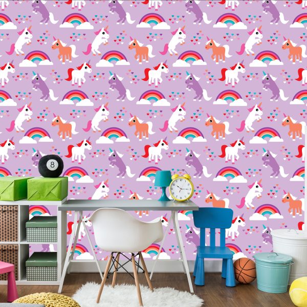 Behang Voor Kinderen Eenhoorns Regenboogharten - Afbeelding 4