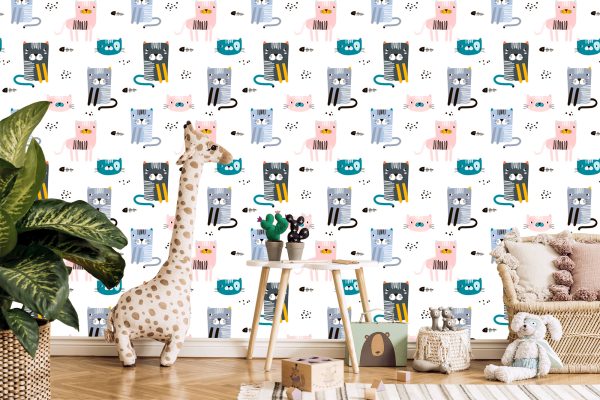 Behang Voor Kinderen - Kleurrijke Katten - Scandinavische Stijl - Afbeelding 5