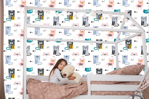 Behang Voor Kinderen - Kleurrijke Katten - Scandinavische Stijl - Afbeelding 7