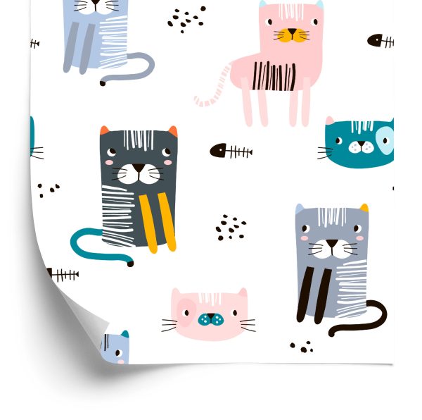 Behang Voor Kinderen - Kleurrijke Katten - Scandinavische Stijl