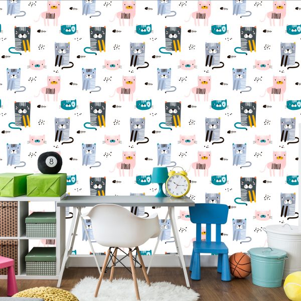 Behang Voor Kinderen - Kleurrijke Katten - Scandinavische Stijl - Afbeelding 4
