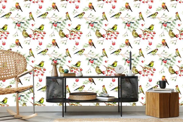 Behang Veelkleurige Vogels Op Takken - Afbeelding 5