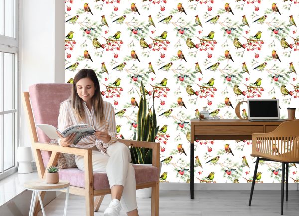 Behang Veelkleurige Vogels Op Takken - Afbeelding 7
