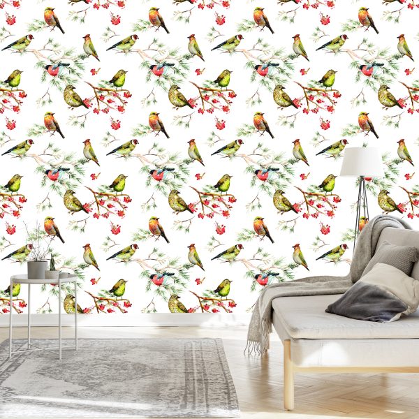 Behang Veelkleurige Vogels Op Takken - Afbeelding 3