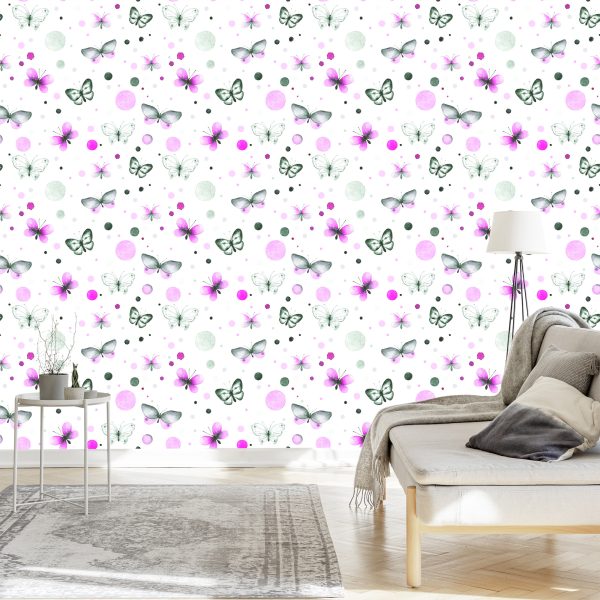 Behang Muur Voor Een Babykamer Vlinders - Stippen - Afbeelding 3