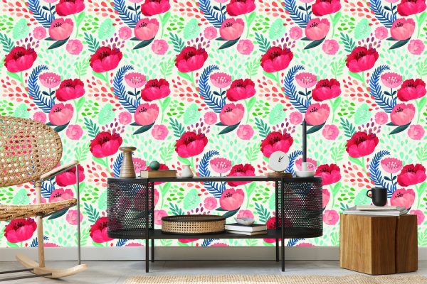 Behang Retro Klaprozen Tussen Groen - Afbeelding 5