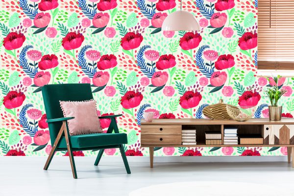 Behang Retro Klaprozen Tussen Groen - Afbeelding 6