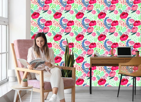 Behang Retro Klaprozen Tussen Groen - Afbeelding 7