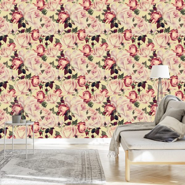 Behang Bloemenrozen In Vintage Aquarelstijl - Afbeelding 3