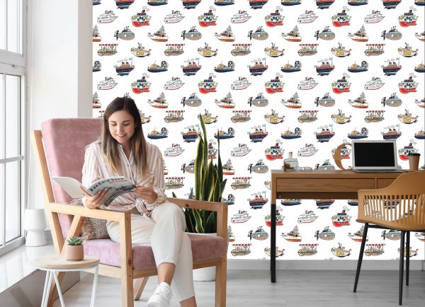 Behang Voor De Kinderkamer.kleurrijke Voertuigschepen - Afbeelding 7
