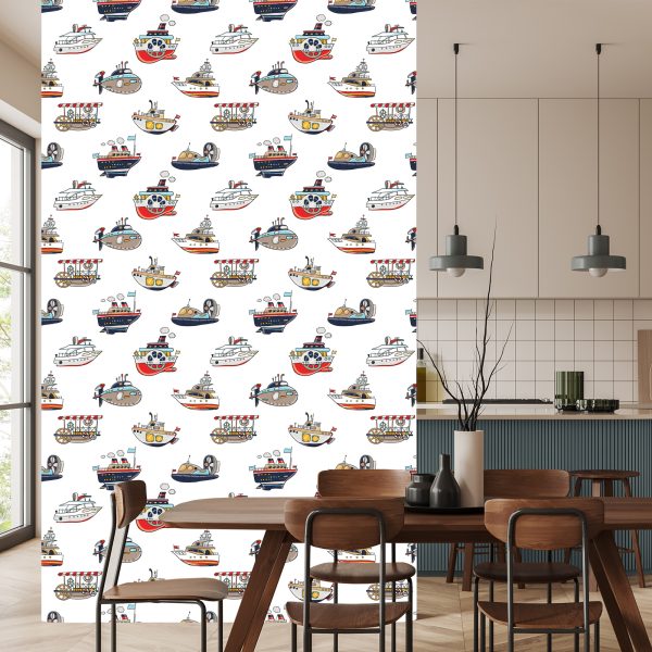 Behang Voor De Kinderkamer.kleurrijke Voertuigschepen - Afbeelding 4