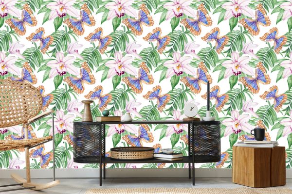 Behang Voor De Woonkamer, Vlinders, Bloemen, Bladeren - Afbeelding 5