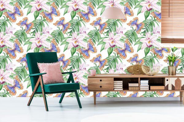 Behang Voor De Woonkamer, Vlinders, Bloemen, Bladeren - Afbeelding 6