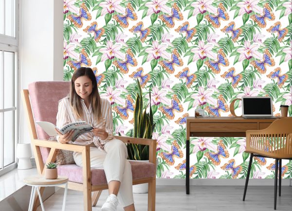 Behang Voor De Woonkamer, Vlinders, Bloemen, Bladeren - Afbeelding 7