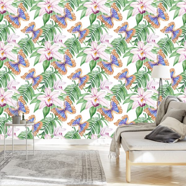Behang Voor De Woonkamer, Vlinders, Bloemen, Bladeren - Afbeelding 3