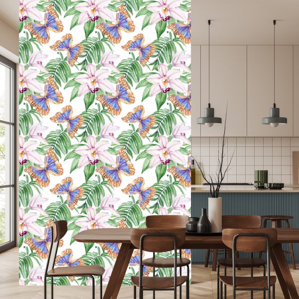 Behang Voor De Woonkamer, Vlinders, Bloemen, Bladeren - Afbeelding 4