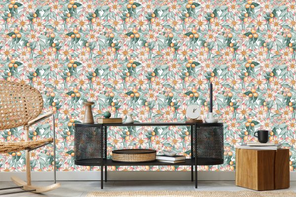 Behang Kleurrijke Bladeren En Bloemen Geschilderd Met Waterverf - Afbeelding 5