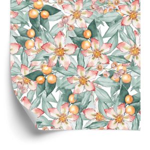 Behang Kleurrijke Bladeren En Bloemen Geschilderd Met Waterverf