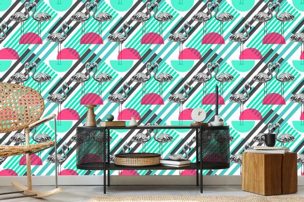 Behang Flamingo's En Geometrische Patronen - Afbeelding 5