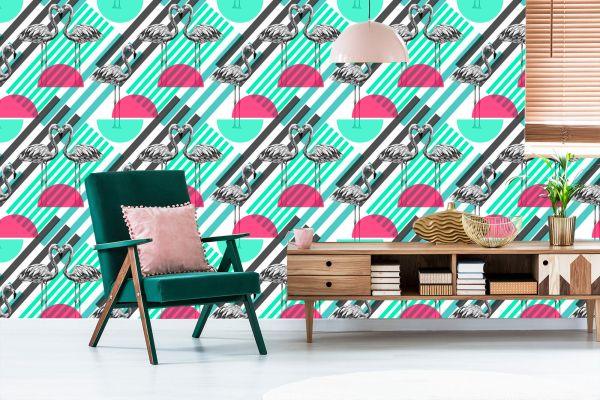 Behang Flamingo's En Geometrische Patronen - Afbeelding 6