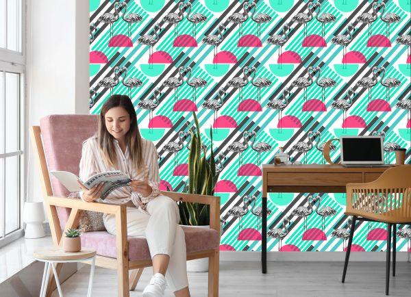 Behang Flamingo's En Geometrische Patronen - Afbeelding 7