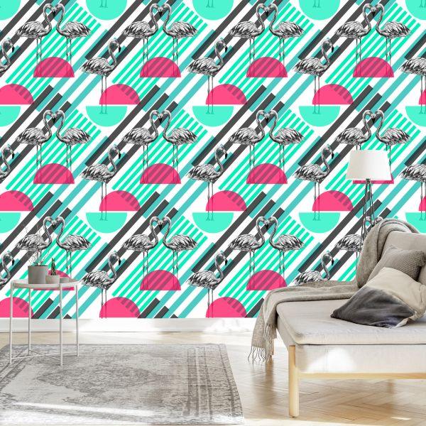 Behang Flamingo's En Geometrische Patronen - Afbeelding 3