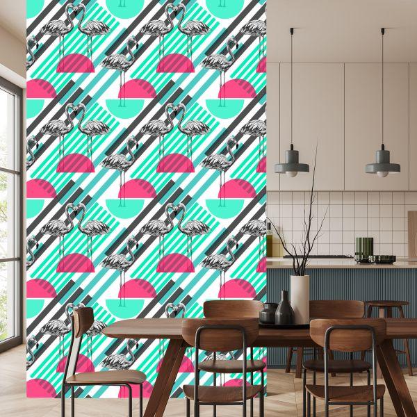 Behang Flamingo's En Geometrische Patronen - Afbeelding 4