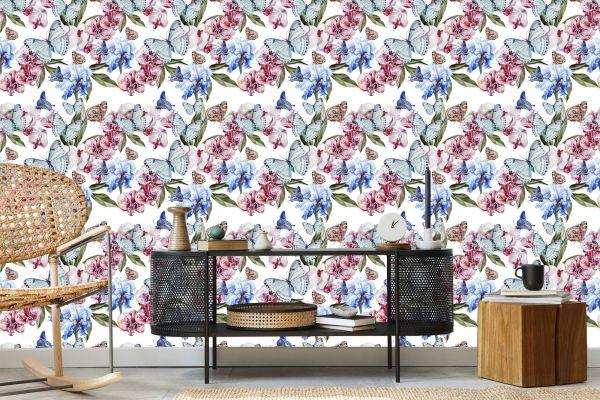 Behang Voor De Salon Vlinders, Bloemen, Groen - Afbeelding 5