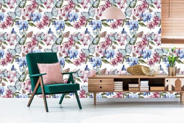 Behang Voor De Salon Vlinders, Bloemen, Groen - Afbeelding 6