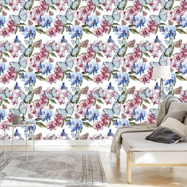 Behang Voor De Salon Vlinders, Bloemen, Groen - Afbeelding 3
