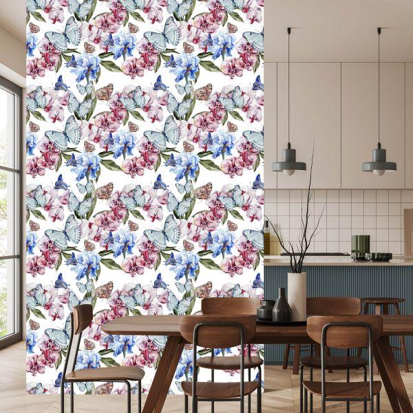 Behang Voor De Salon Vlinders, Bloemen, Groen - Afbeelding 4