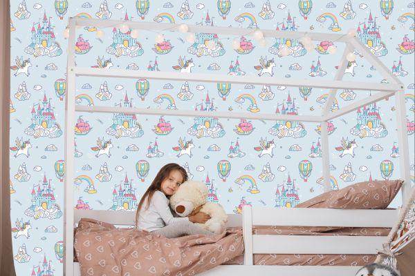 Behang Voor Kinderen Eenhoorns Uit Een Sprookjeskasteel Regenboog - Afbeelding 7